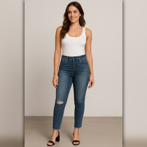 🆂🅰🅻🅴 A195 ☼ KUT High Rise Button-Fly Skinny Jeans - Picture 1 of 4